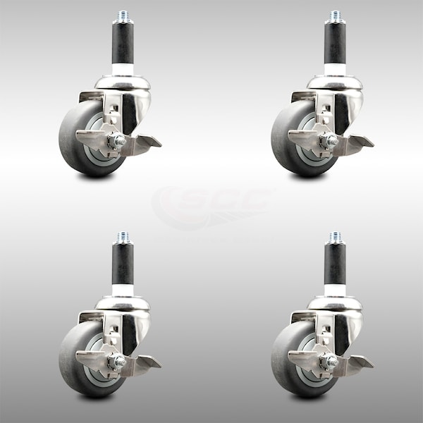Service Caster 3 Inch 316SS Thermoplastic Rubber Swivel 1-1/8 Inch Stem Caster Set Brake SCC SCC-SS316EX20S314-TPRB-TLB-118-4 - main